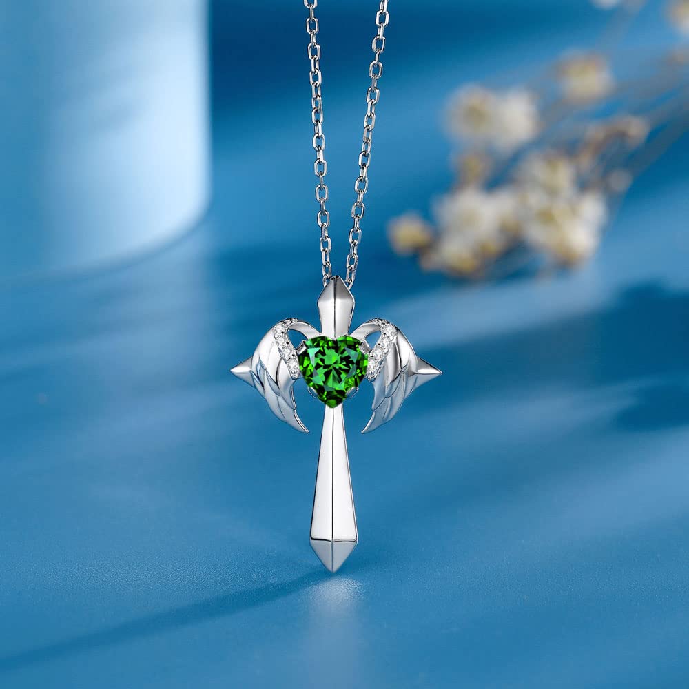 Birthstone Angel Wings Cross Necklace