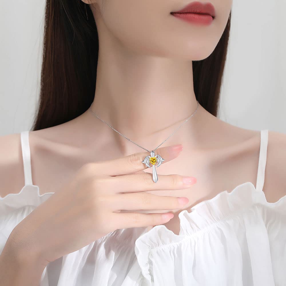 Birthstone Angel Wings Cross Necklace