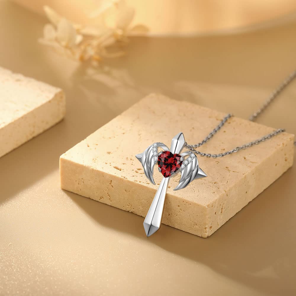 Birthstone Angel Wings Cross Necklace