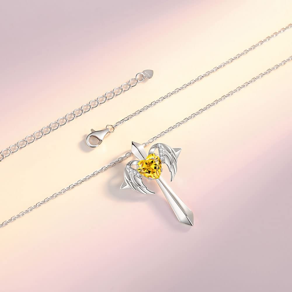 Birthstone Angel Wings Cross Necklace