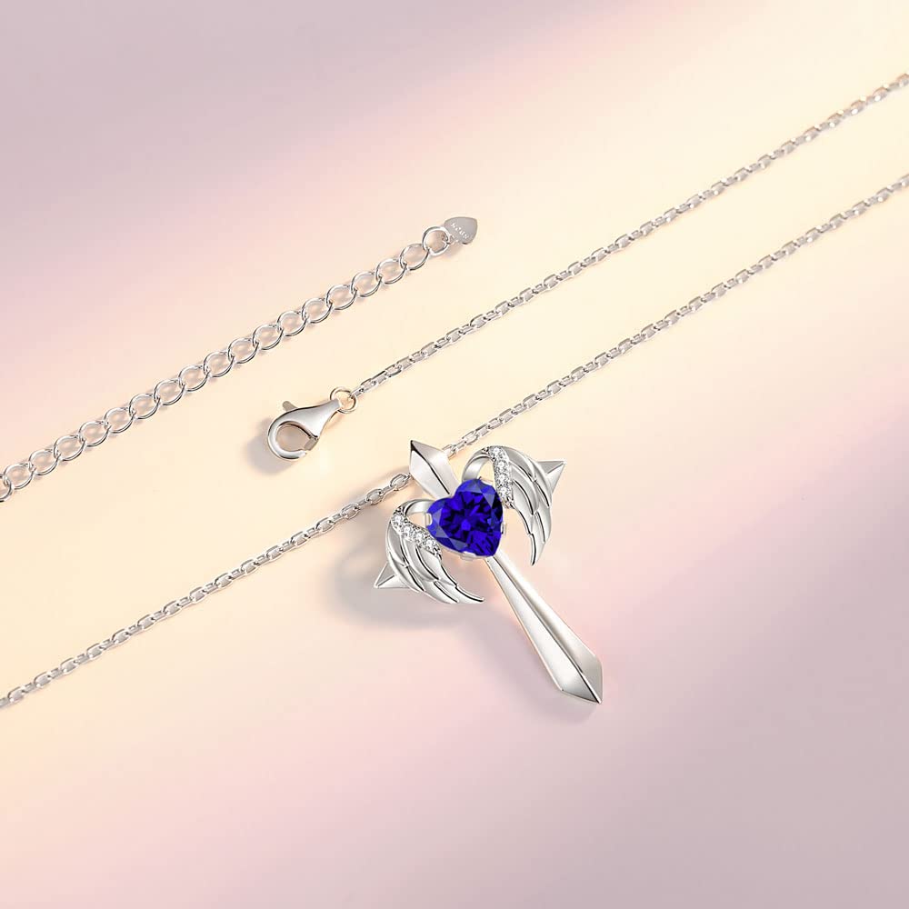 Birthstone Angel Wings Cross Necklace