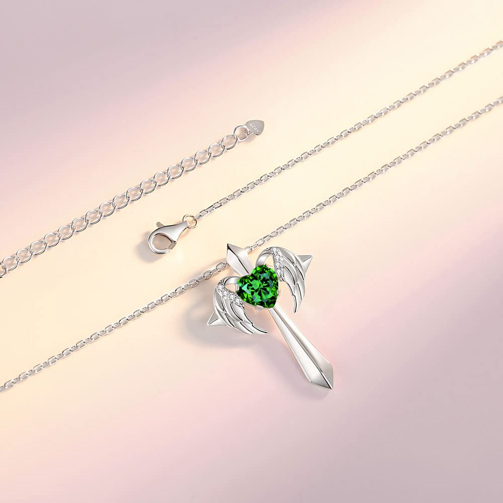 Birthstone Angel Wings Cross Necklace