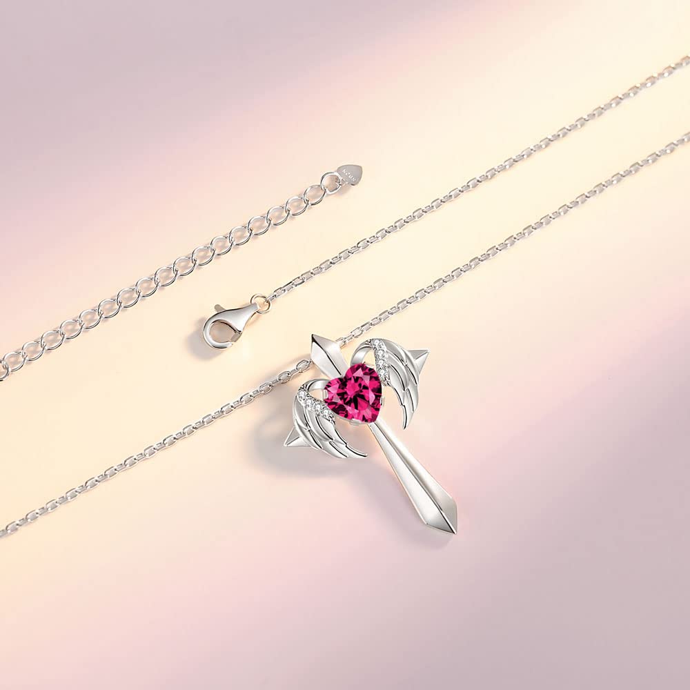 Birthstone Angel Wings Cross Necklace