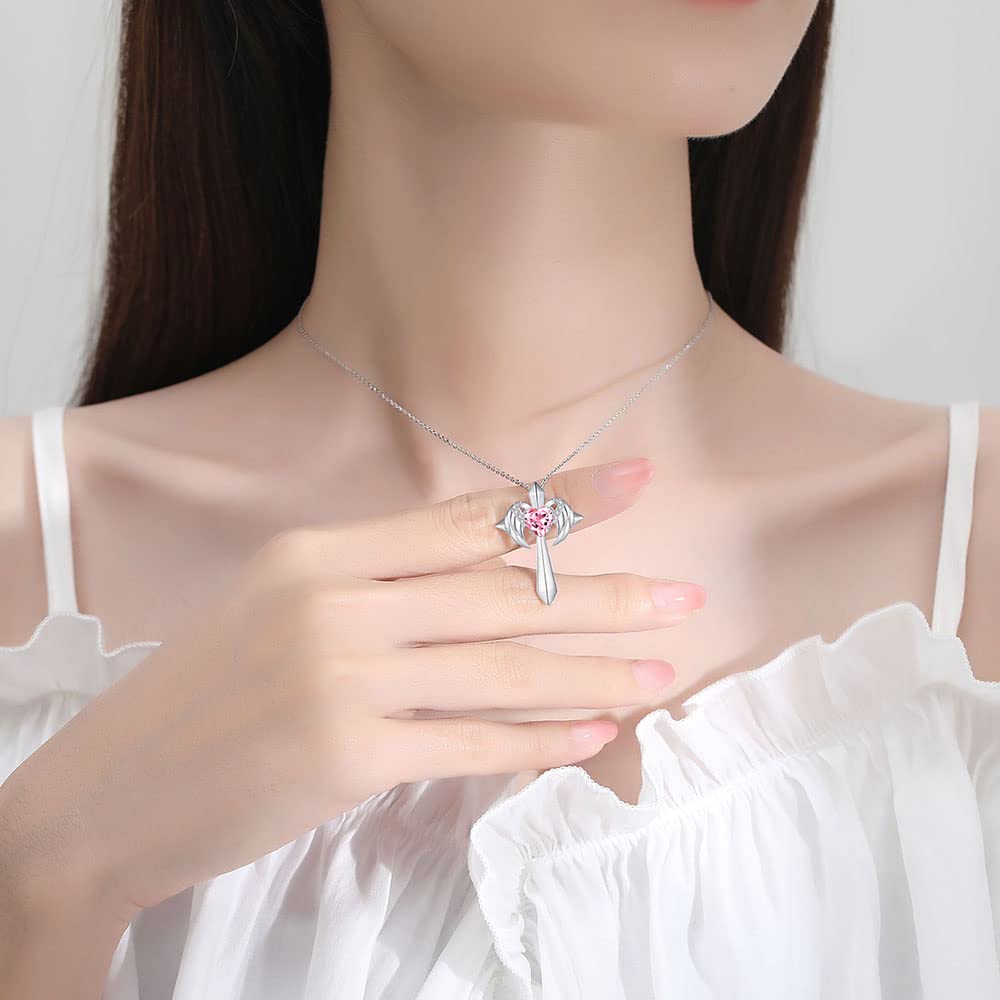 Birthstone Angel Wings Cross Necklace