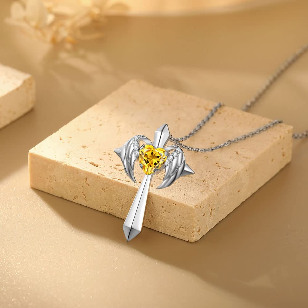 Birthstone Angel Wings Cross Necklace