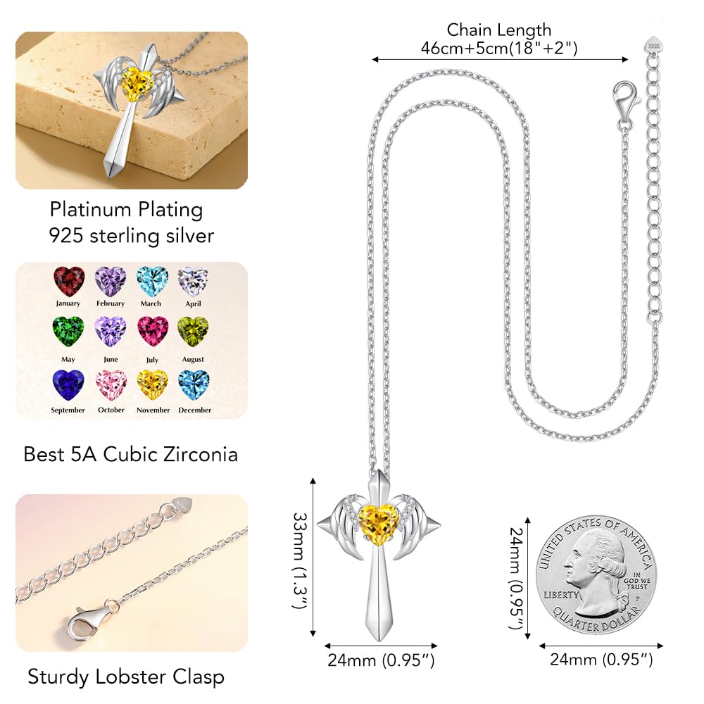 Birthstone Angel Wings Cross Necklace