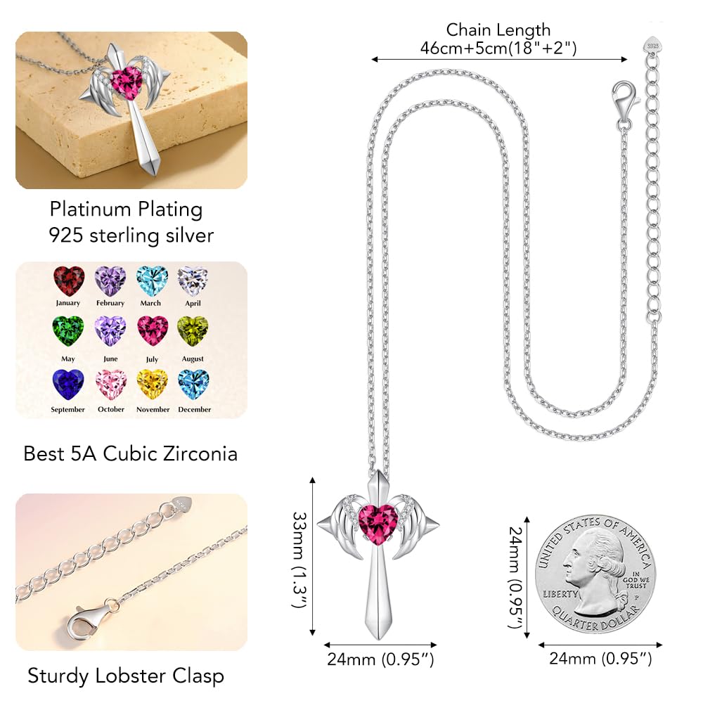 Birthstone Angel Wings Cross Necklace