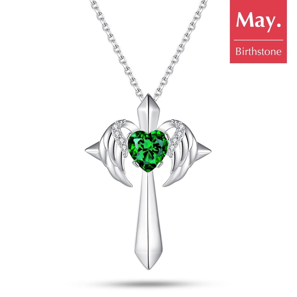 Birthstone Angel Wings Cross Necklace