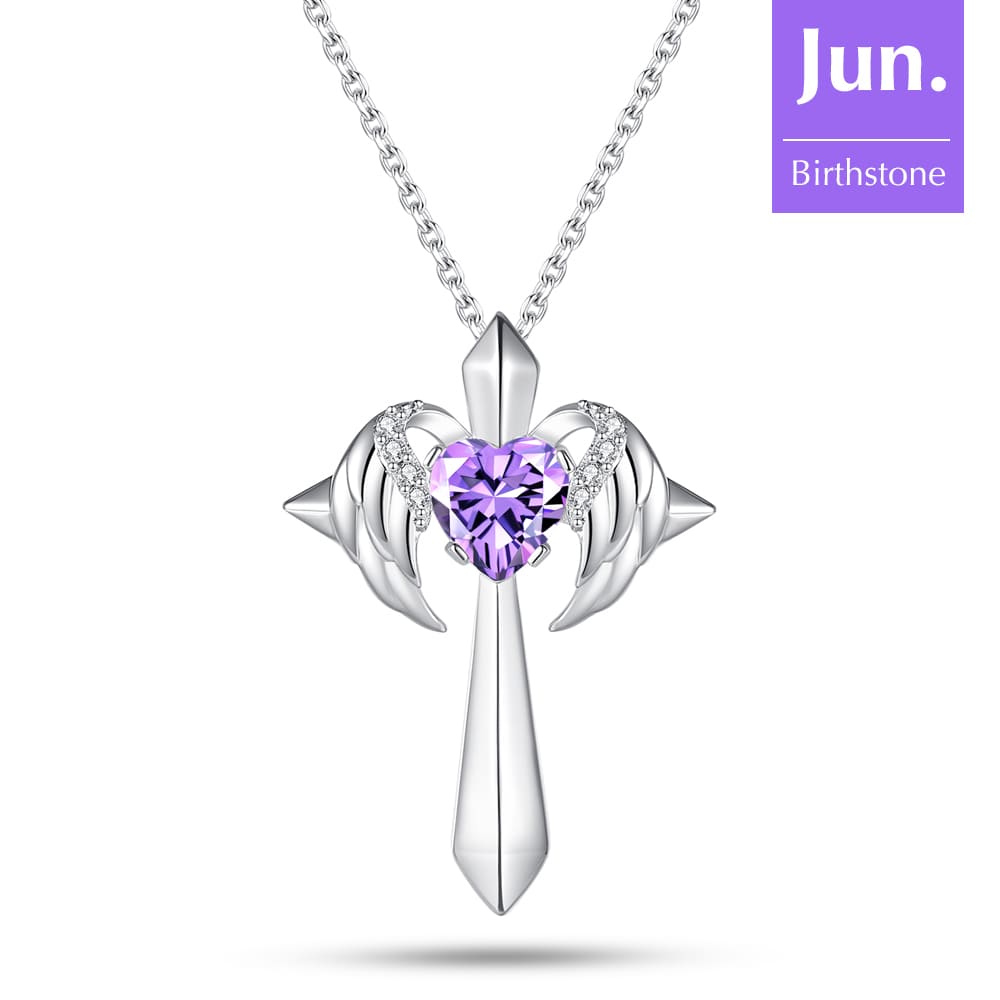 Birthstone Angel Wings Cross Necklace
