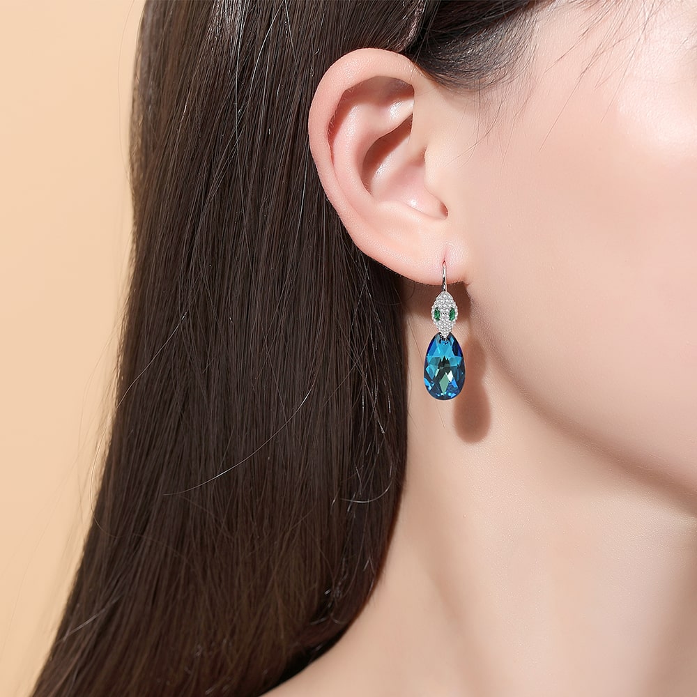 Snake head & Pear-shaped Crystal Sterling silver Drop Earrings Jewelry - Dangle earrings - Taanaa Jewelry