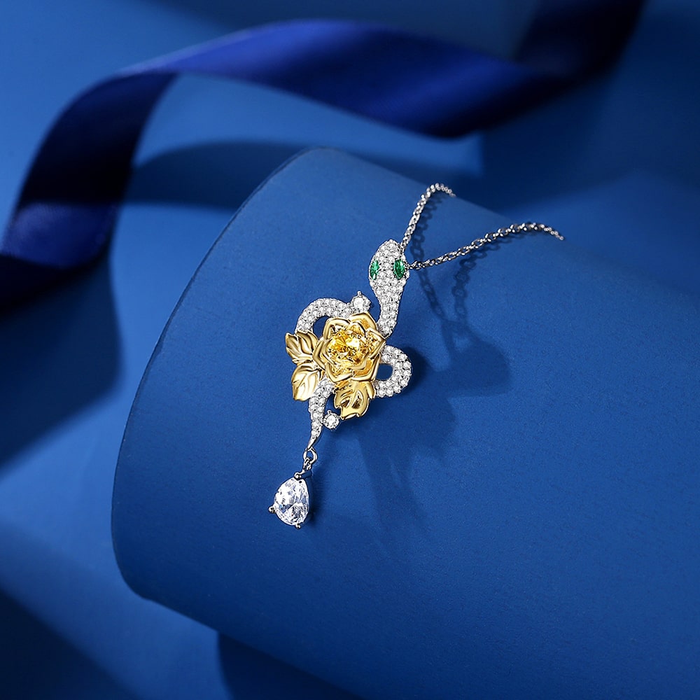 Golden Flower Snake Pendant Necklace Women Sterling Silver Jewelry - Pendant Necklace - Taanaa Jewelry