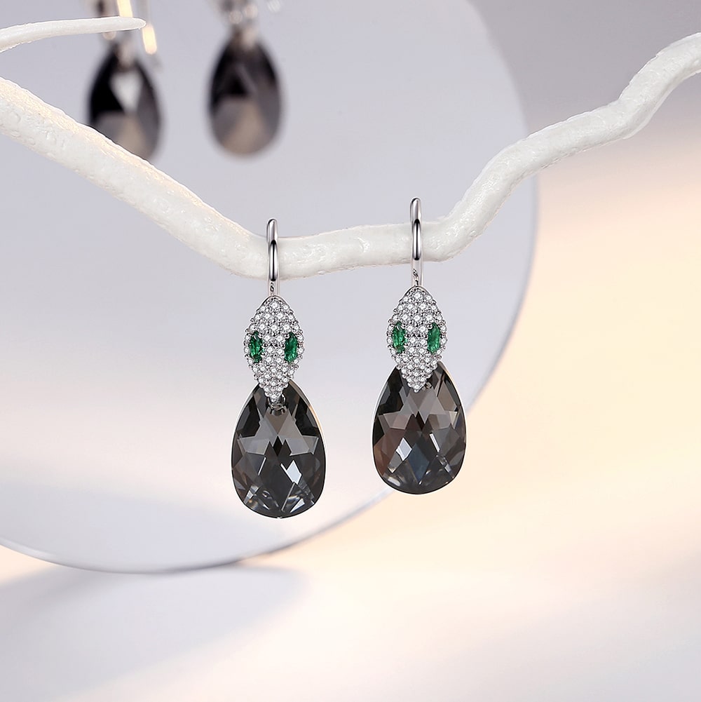 Snake head & Pear-shaped Crystal Sterling silver Drop Earrings Jewelry - Dangle earrings - Taanaa Jewelry