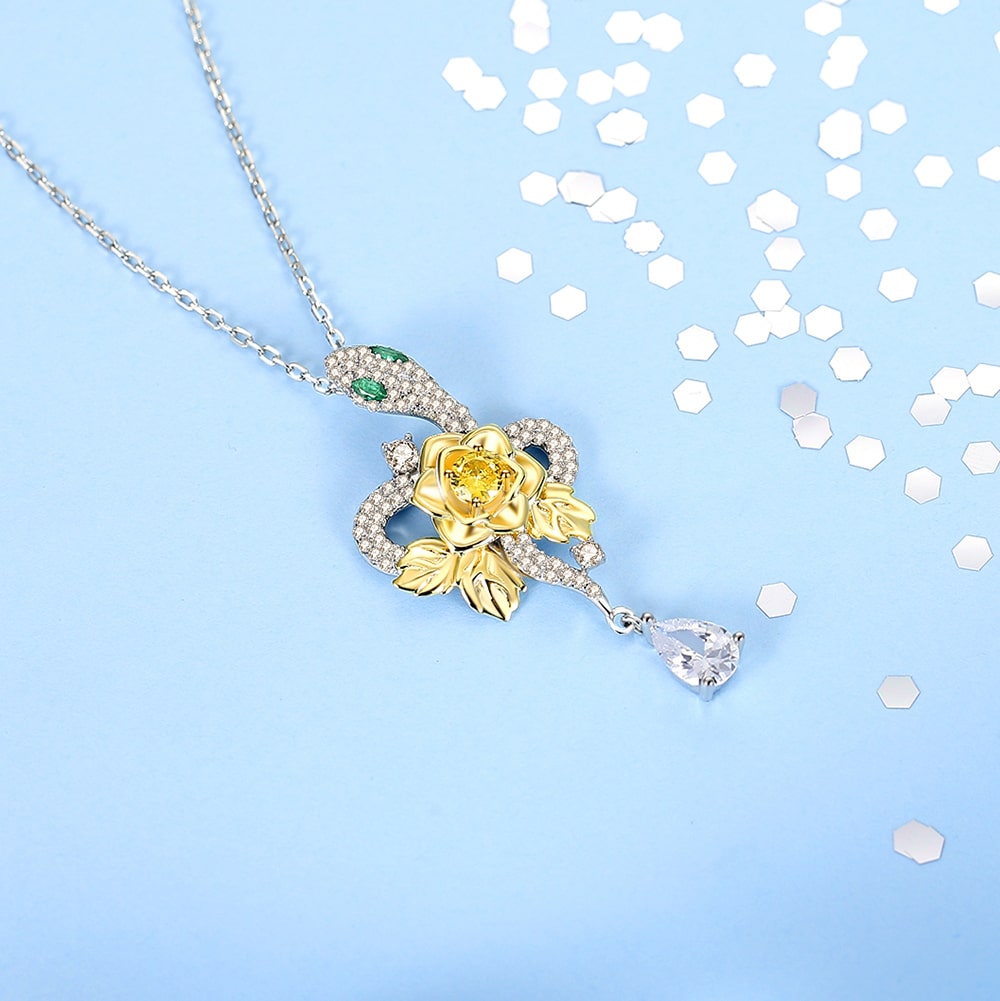 Golden Flower Snake Pendant Necklace Women Sterling Silver Jewelry - Pendant Necklace - Taanaa Jewelry