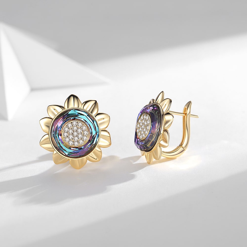 Cosmic Ring Crystal Sunflower Sterling Silver Earrings Women Jewelry - Stud earrings - Taanaa Jewelry