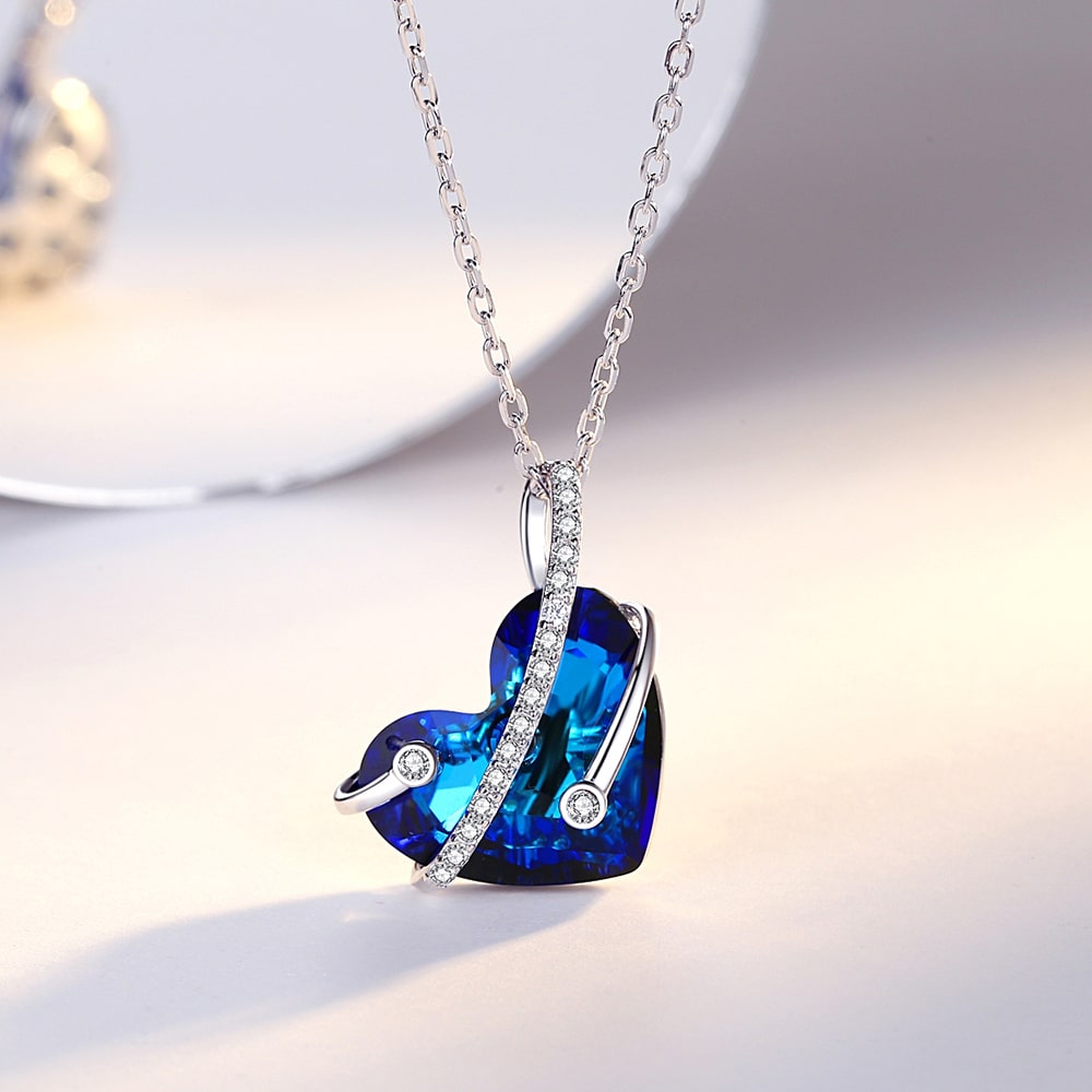 Bermuda Blue Heart Crystal Pendant Necklace Women Sterling Silver Jewelry - Pendant Necklace - Taanaa Jewelry