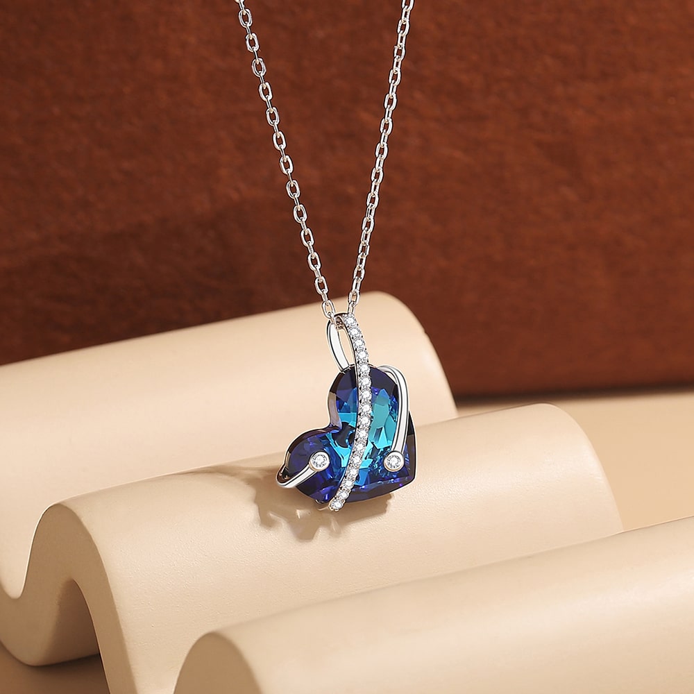 Bermuda Blue Heart Crystal Pendant Necklace Women Sterling Silver Jewelry - Pendant Necklace - Taanaa Jewelry