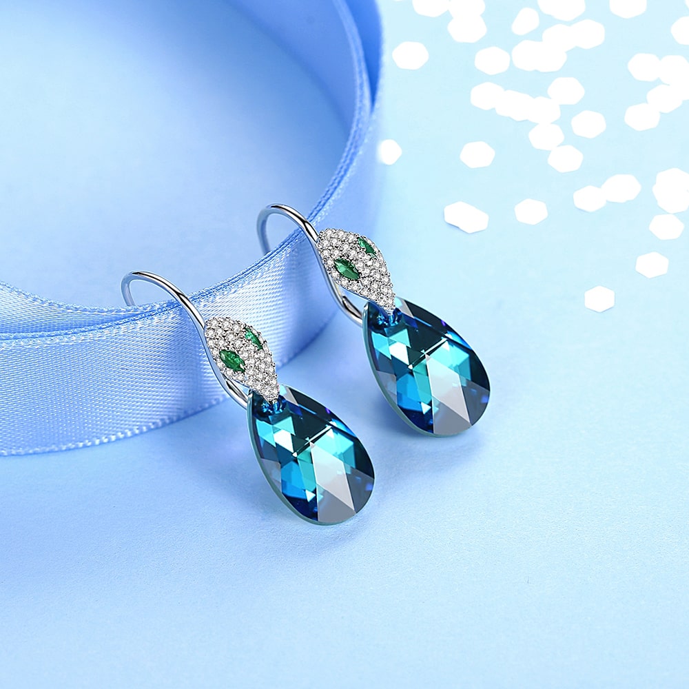 Snake head & Pear-shaped Crystal Sterling silver Drop Earrings Jewelry - Dangle earrings - Taanaa Jewelry