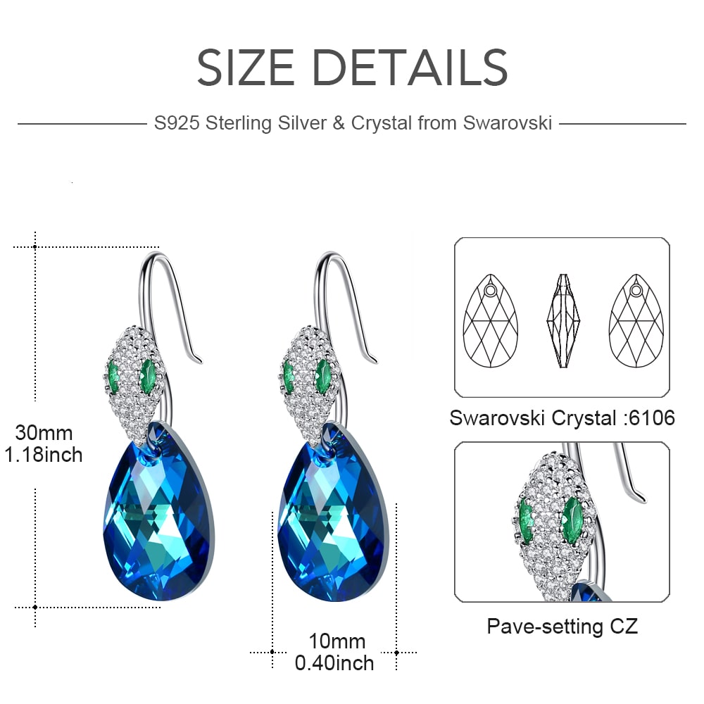 Snake head & Pear-shaped Crystal Sterling silver Drop Earrings Jewelry - Dangle earrings - Taanaa Jewelry