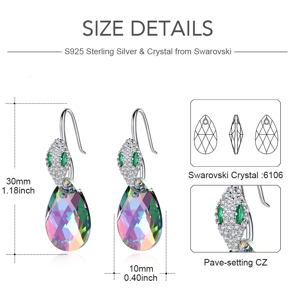 Snake head & Pear-shaped Crystal Sterling silver Drop Earrings Jewelry - Dangle earrings - Taanaa Jewelry