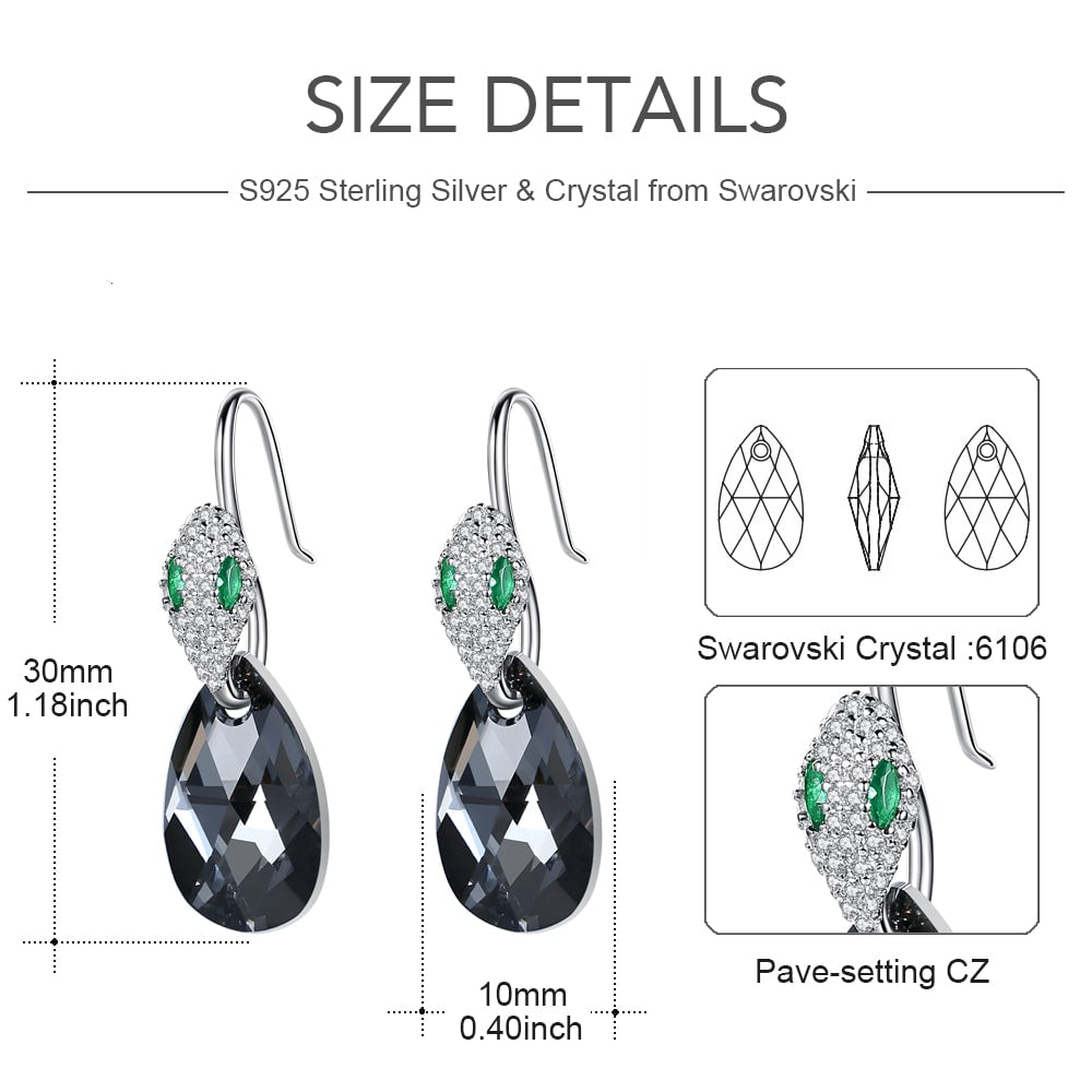 Snake head & Pear-shaped Crystal Sterling silver Drop Earrings Jewelry - Dangle earrings - Taanaa Jewelry