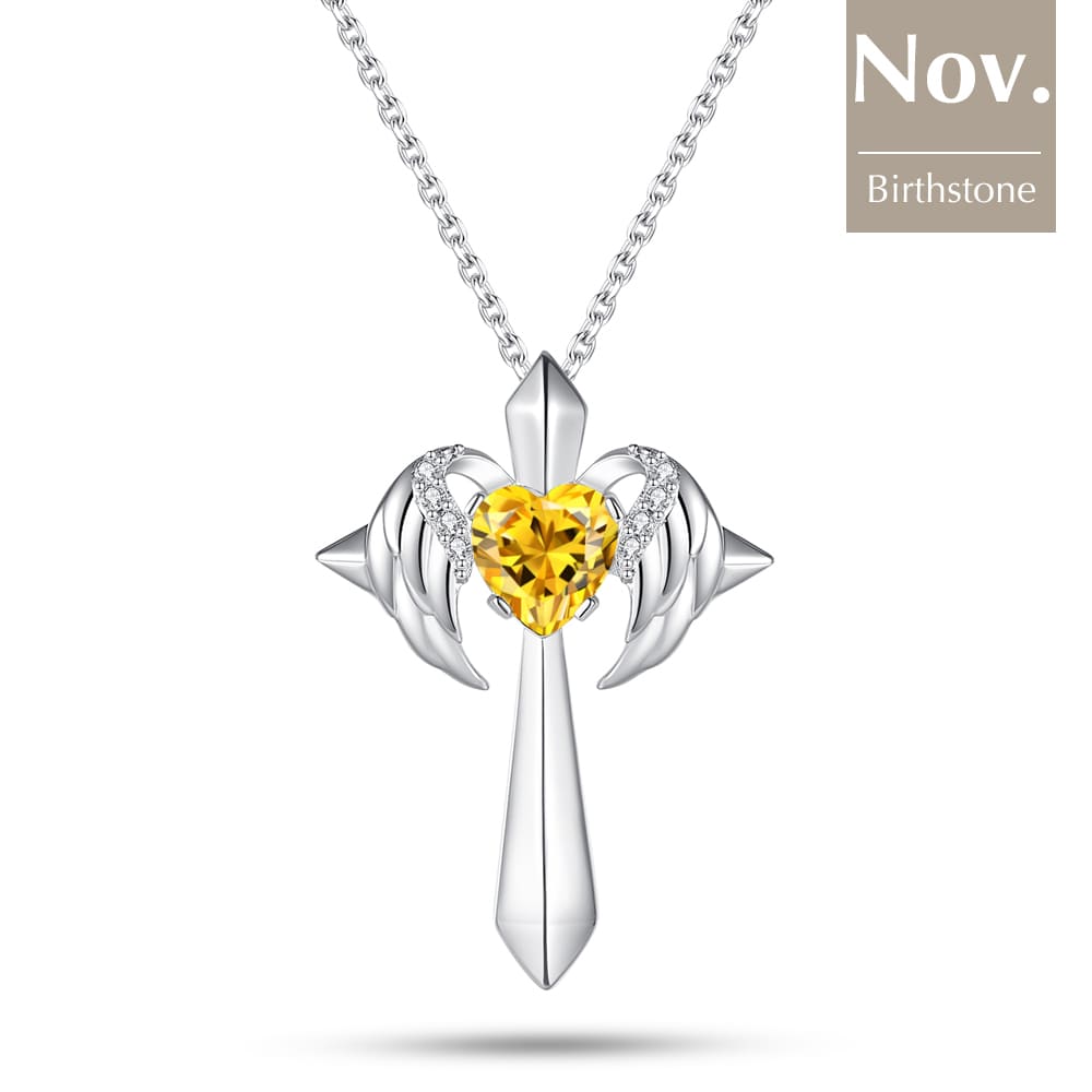 Birthstone Angel Wings Cross Necklace