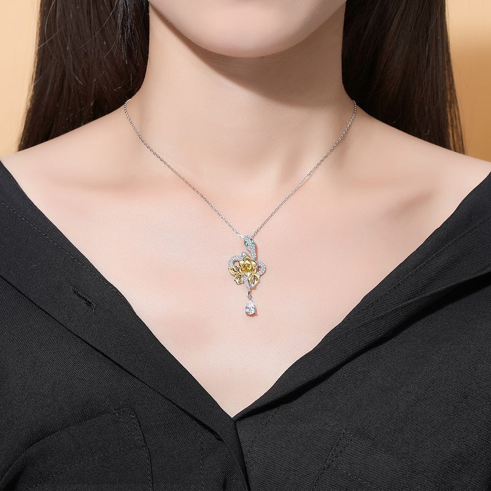 Golden Flower Snake Pendant Necklace Women Sterling Silver Jewelry - Pendant Necklace - Taanaa Jewelry