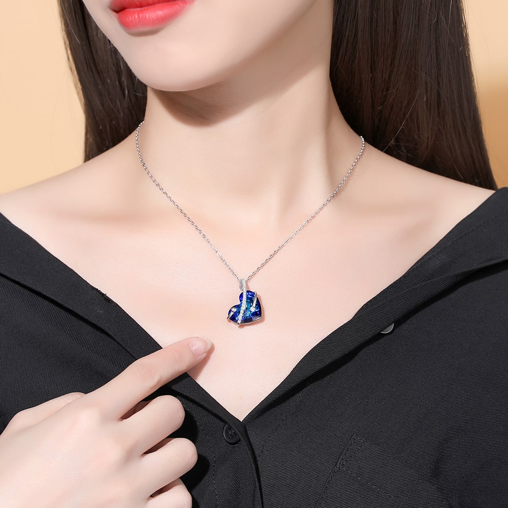 Bermuda Blue Heart Crystal Pendant Necklace Women Sterling Silver Jewelry - Pendant Necklace - Taanaa Jewelry